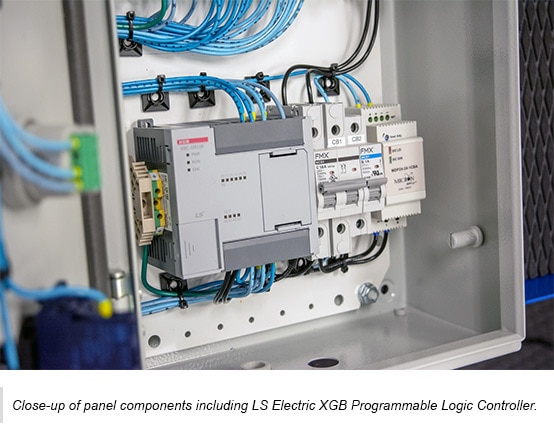 Close-up of panel components including LS Electric XGB Programmable Logic Controller.