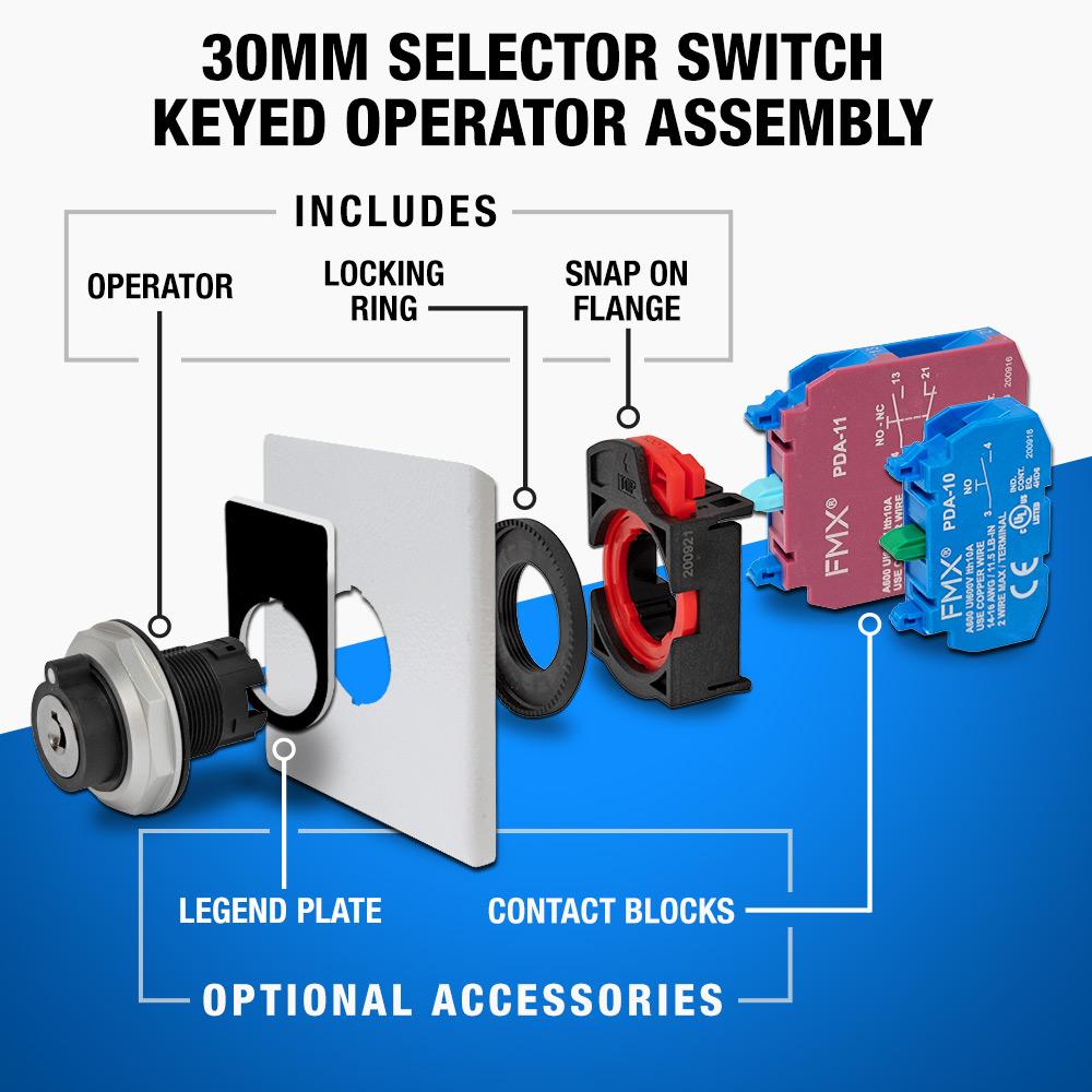 PD30-S4444-K2, 30mm Key Switch, 45 degree, 3 pos, Maintained