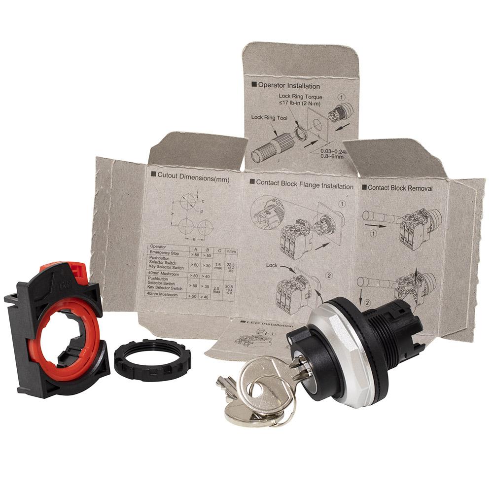 PD30-S4444-K2, 30mm Key Switch, 45 degree, 3 pos, Maintained