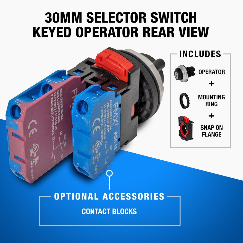 PD30-S4444-K2, 30mm Key Switch, 45 degree, 3 pos, Maintained