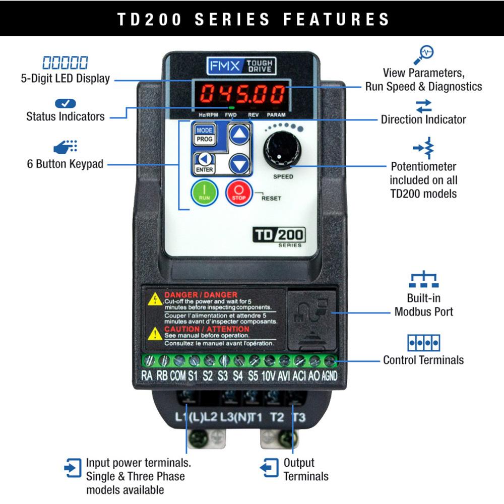 TD200-2003-1PH, VFD, 3HP, 240V 1PH IN, 240V 3PH OUT | FactoryMation