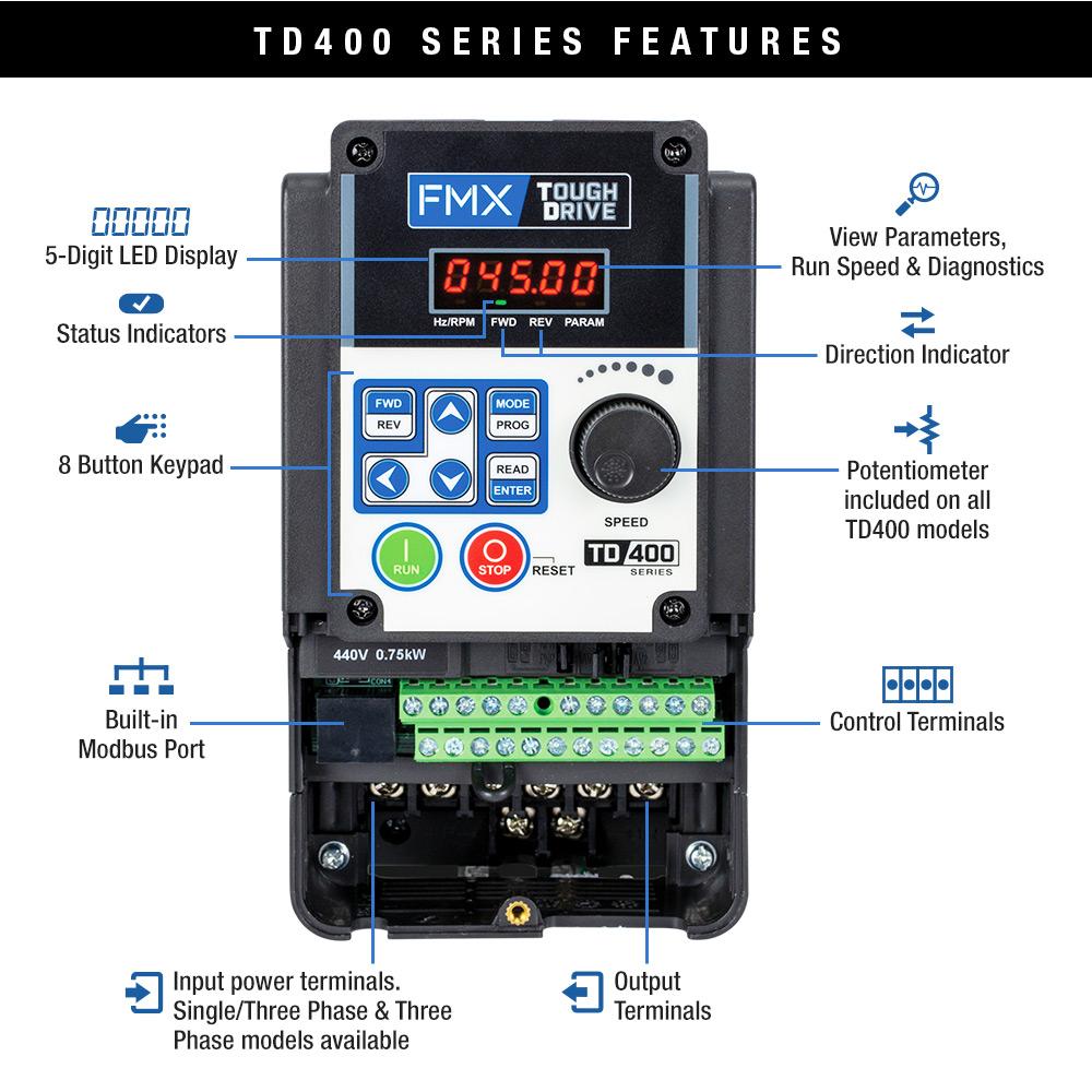 TD400-2003-13PH, VFD, 3HP, 200-240V 1PH / 3PH In, 0-240V 3PH Out